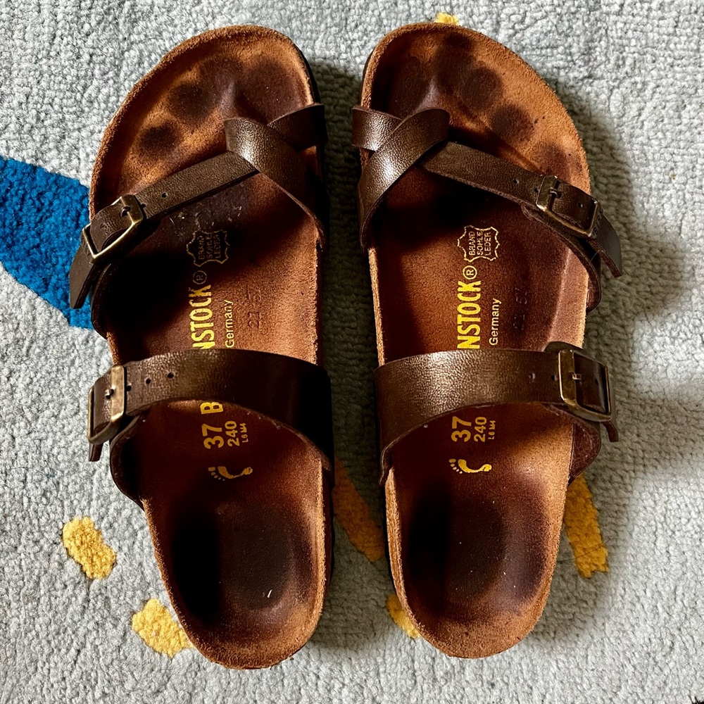 Birkenstock Mayari bronze/brown leather strappy sandals W37, narrow width